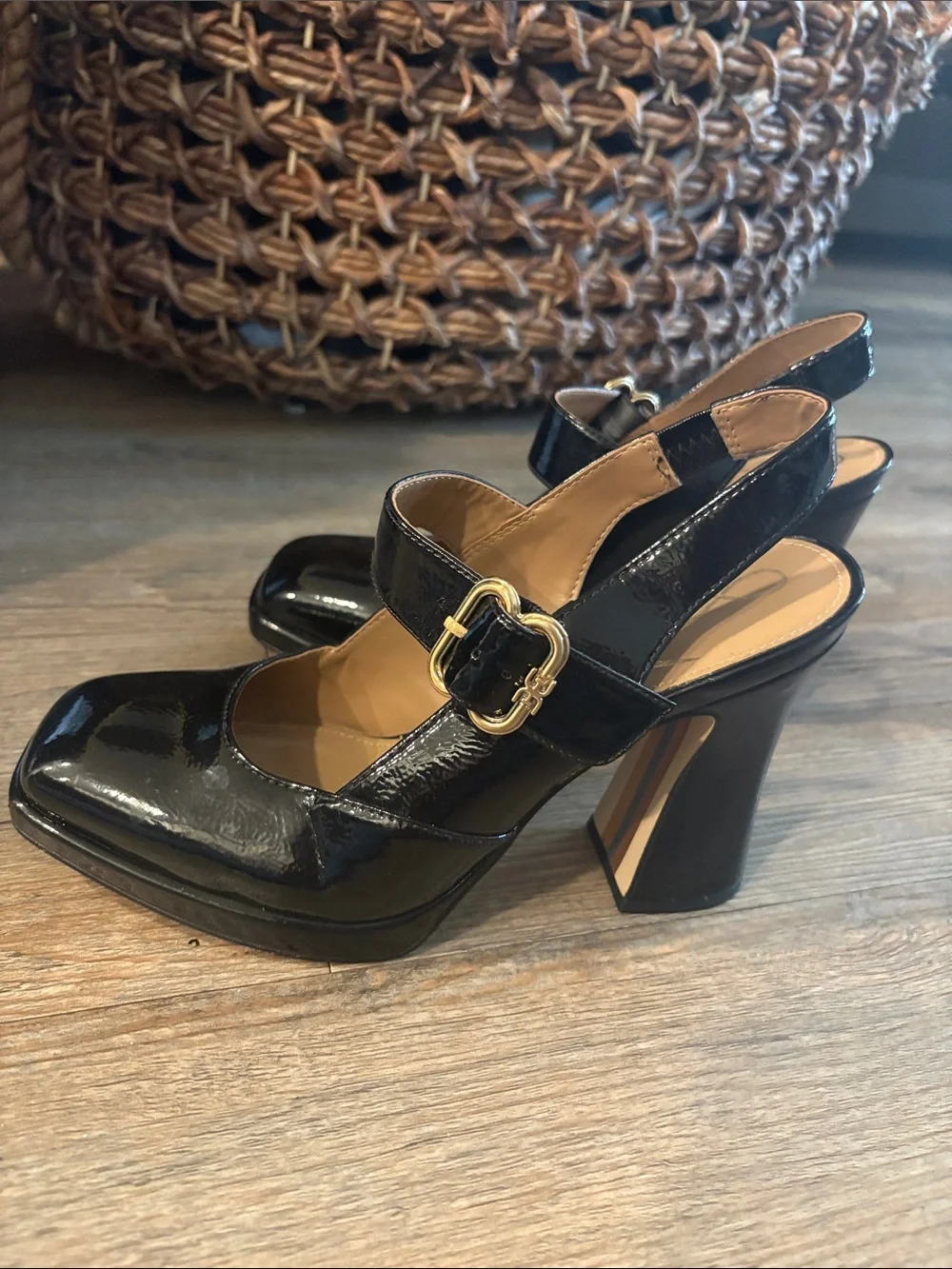 Sam Edelman Black Patent Slingback Heels with Gold Buckle